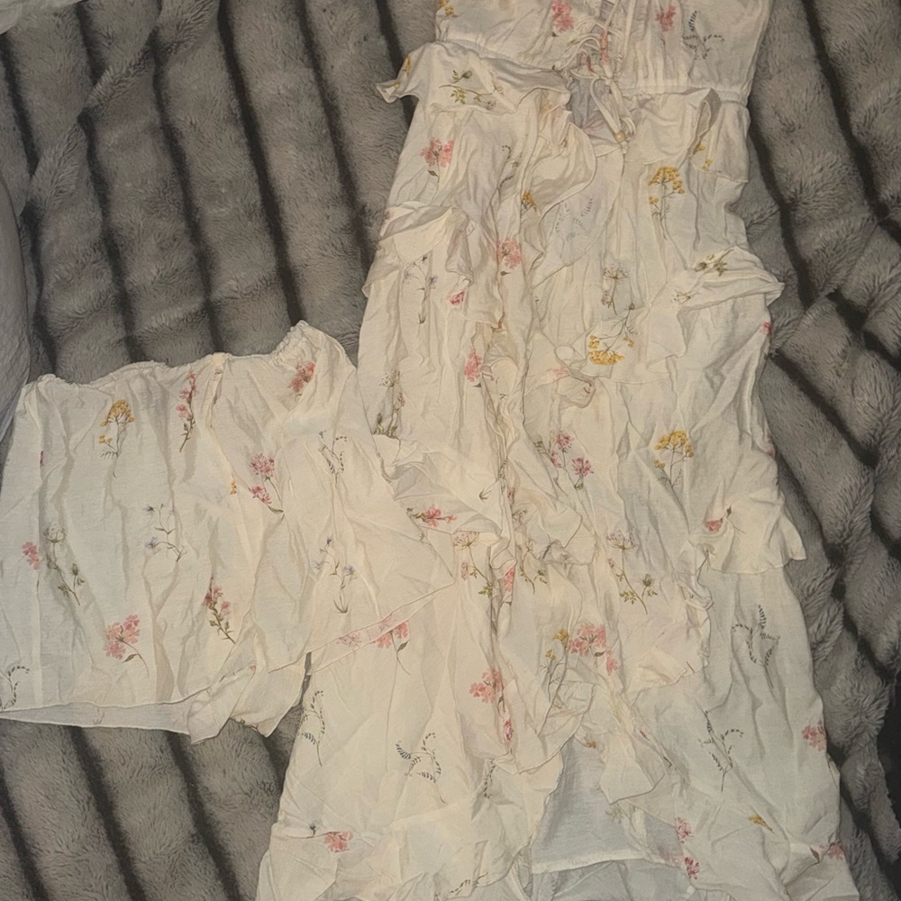 Promesa Floral Ruffle Jumpsuit - White with Pink and Yellow Accents
